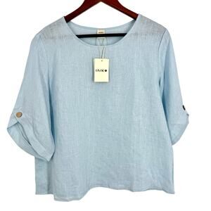 NEW NWT Lintico Sz Large LINEN Blue Wearable Art Blouse Shirt Top Summer Artsy